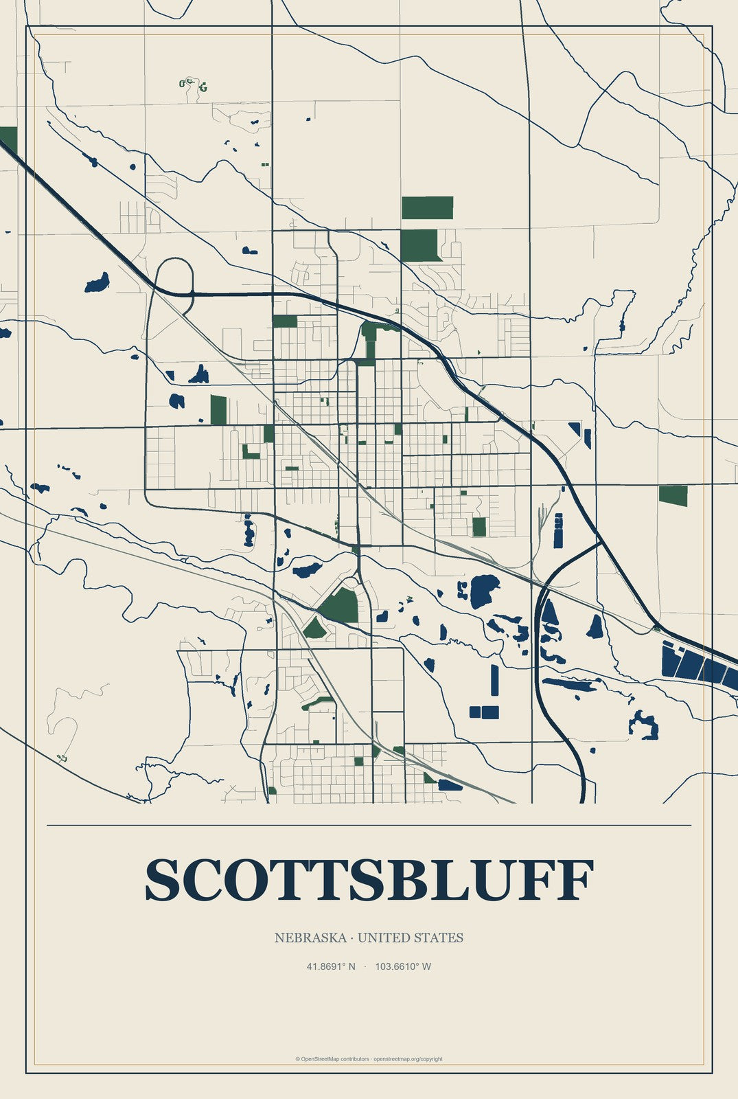 Scottsbluff, Nebraska City Map Aluminum Sign in Coastal Cutout style