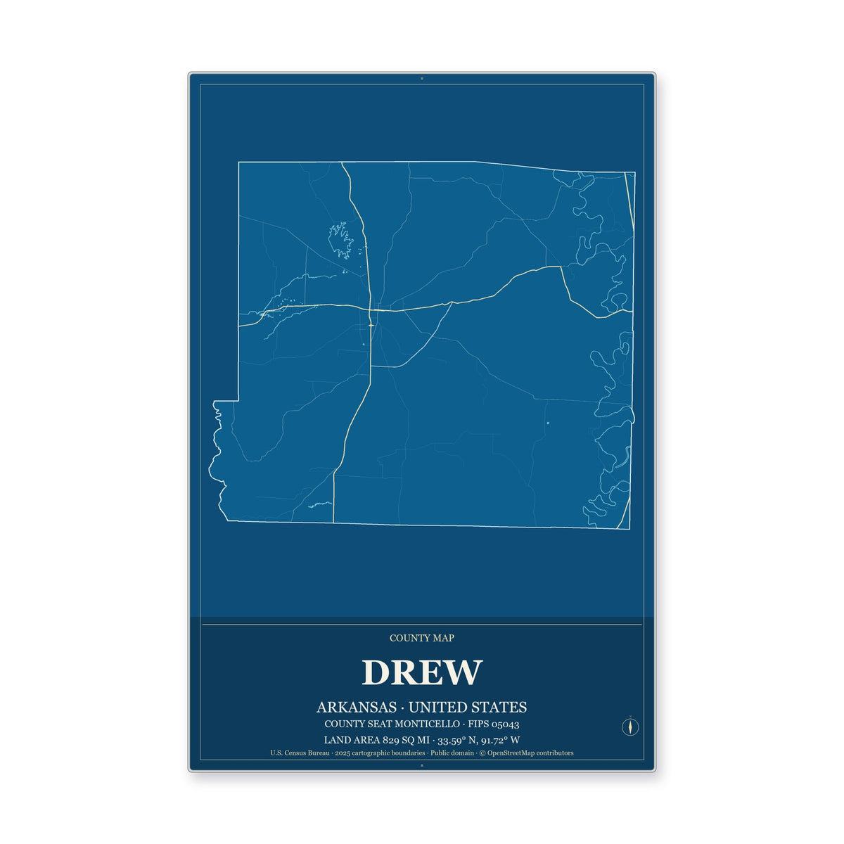 Drew County, Arkansas Map Aluminum Sign in Harbor Cobalt style