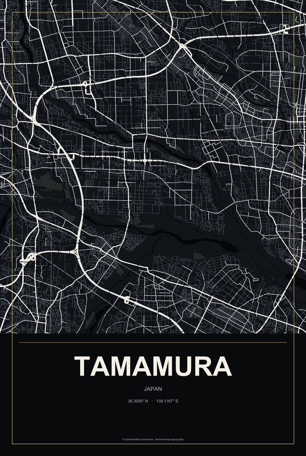 Tamamura, Japan City Map Aluminum Sign in Metropolitan Noir style