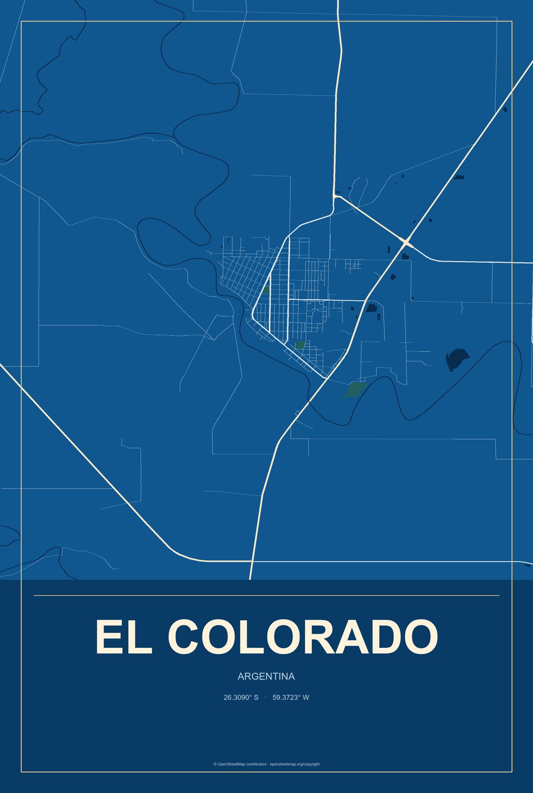 El Colorado, Argentina City Map Aluminum Sign in Harbor Cobalt style