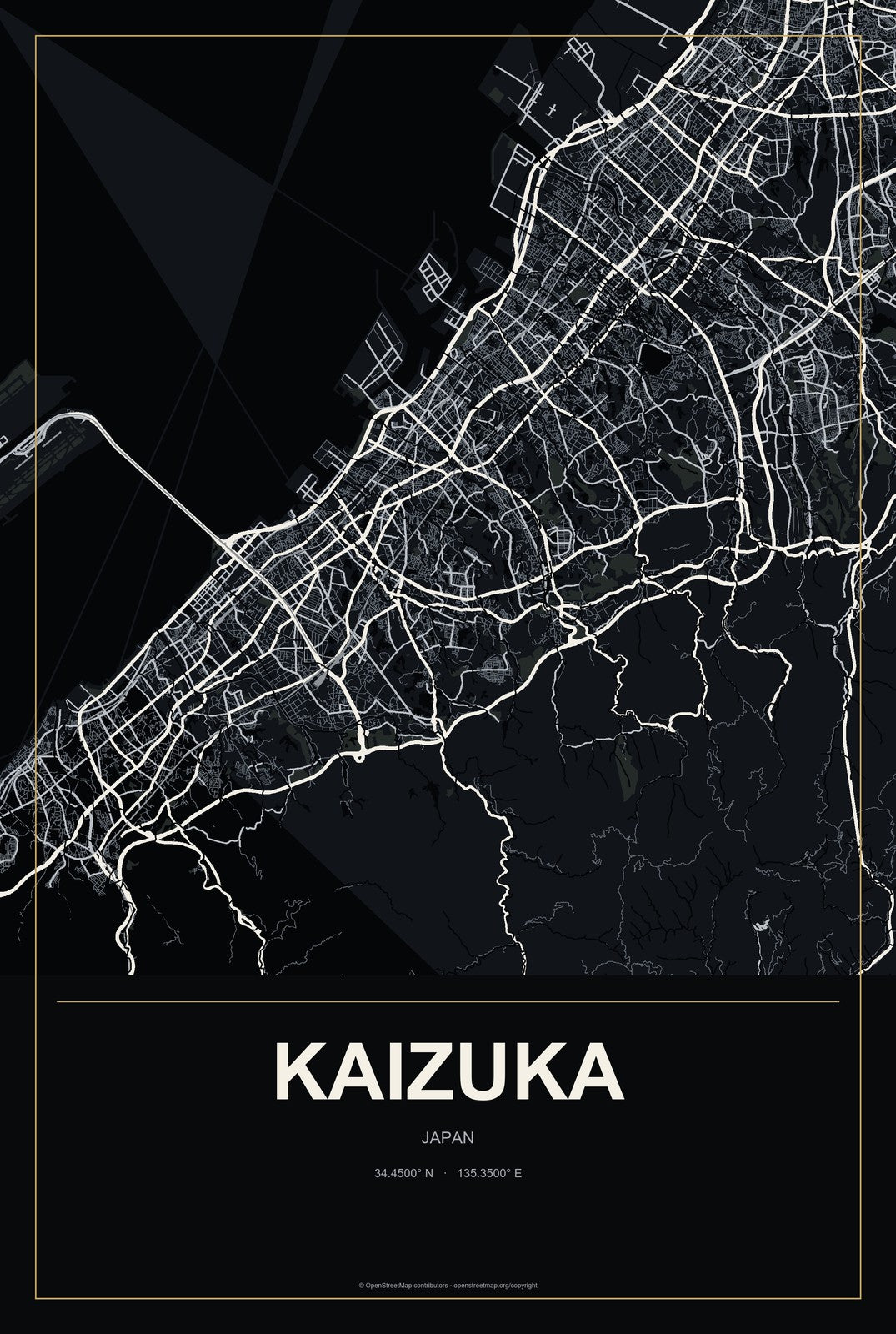 Kaizuka, Japan City Map Aluminum Sign in Metropolitan Noir style