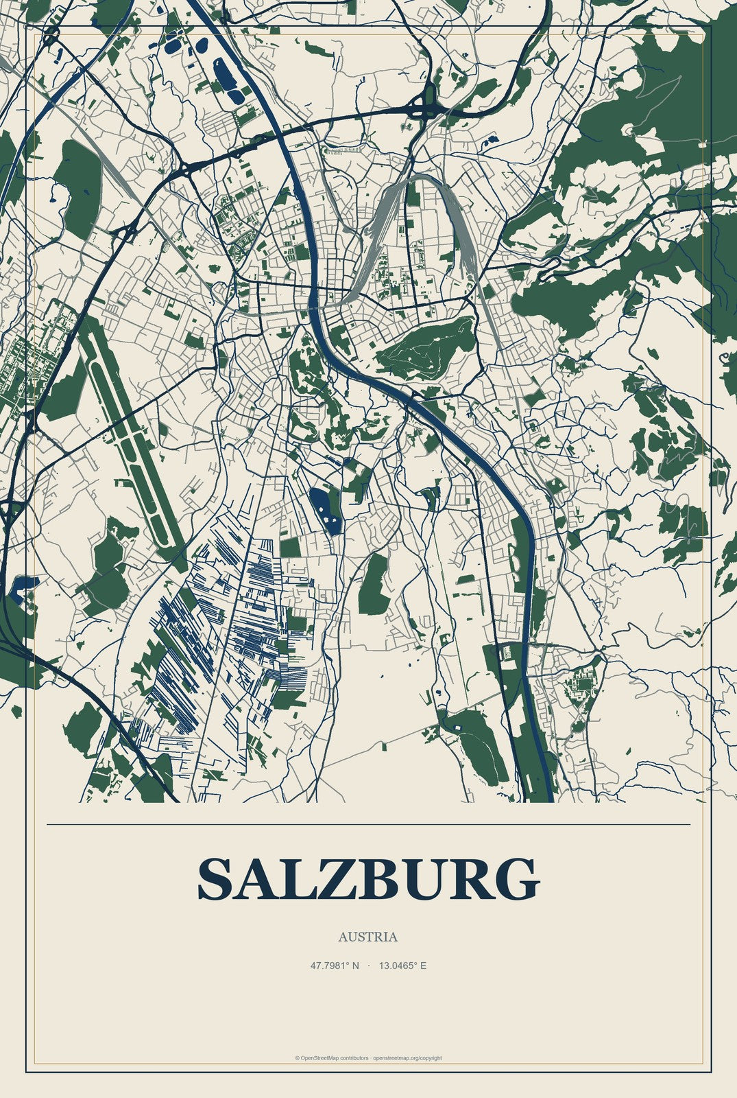 Salzburg, Austria City Map Aluminum Sign in Coastal Cutout style