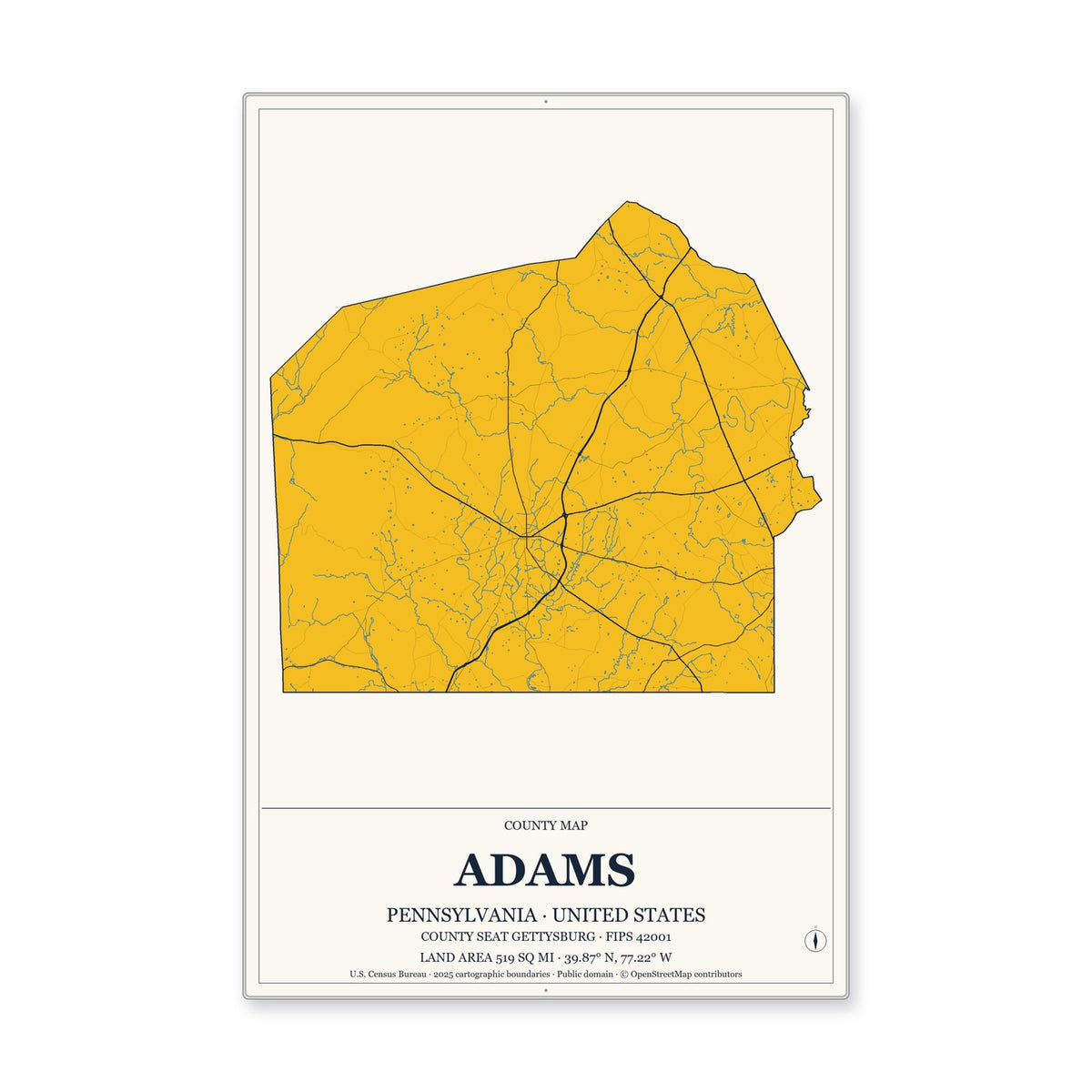 Adams County, Pennsylvania Map Aluminum Sign in Citrine Modern style