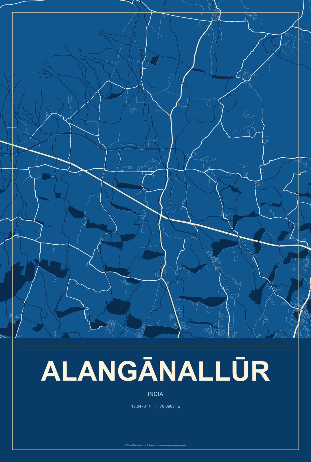 Alangānallūr, India City Map Aluminum Sign in Harbor Cobalt style