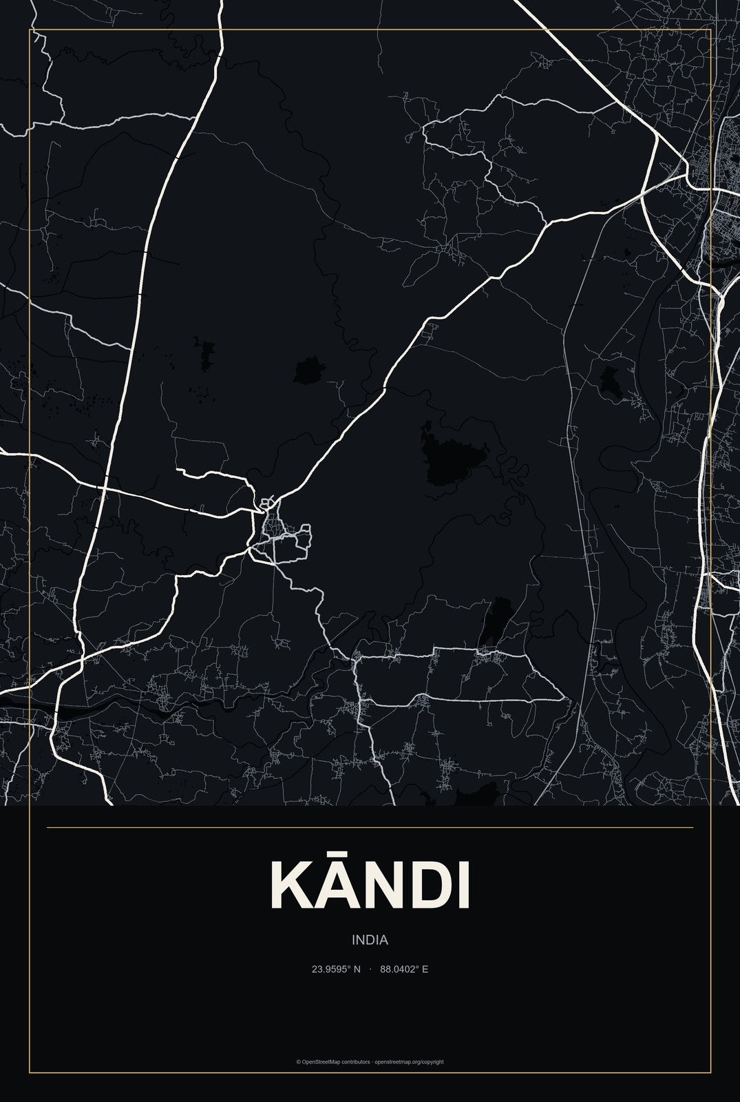 Kāndi, India City Map Aluminum Sign in Metropolitan Noir style