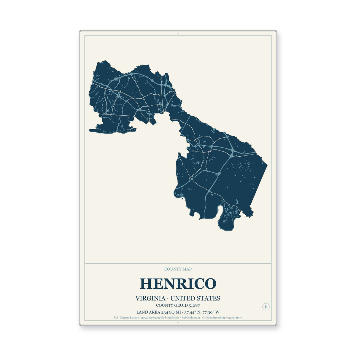 Henrico County, Virginia Map Aluminum Sign in Coastal Cutout style