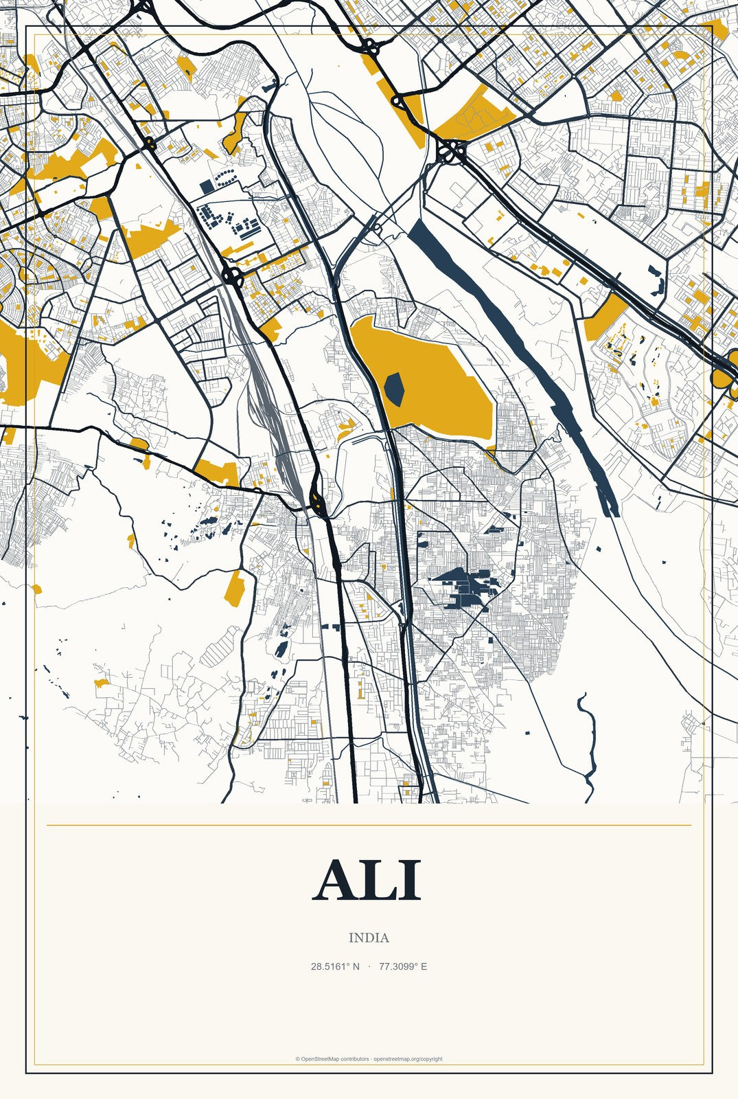 Ali, India City Map Aluminum Sign in Citrine Modern style