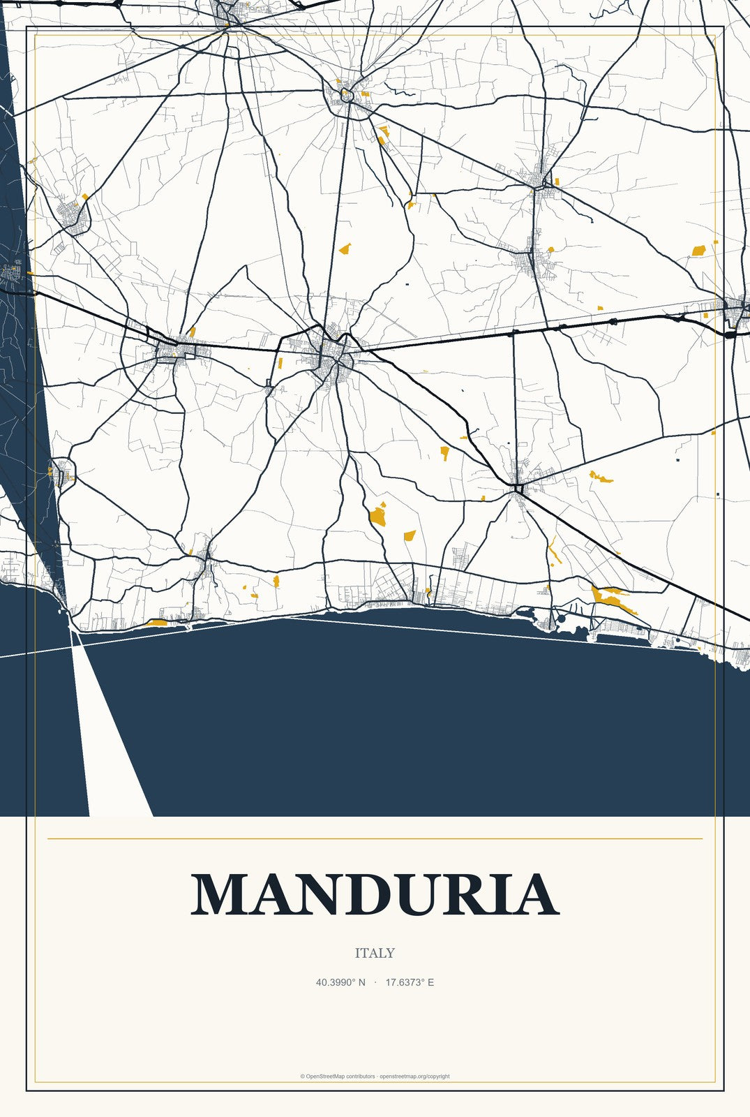 Manduria, Italy City Map Aluminum Sign in Citrine Modern style