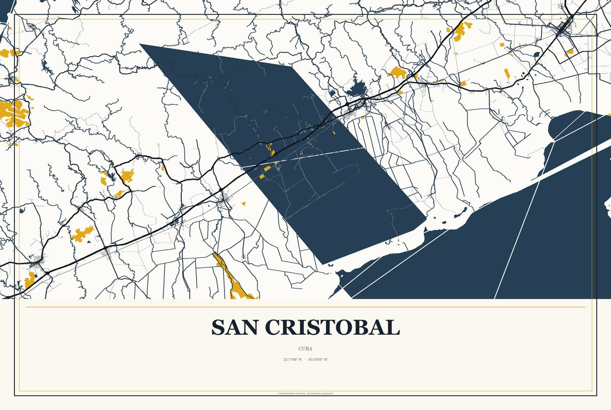San Cristobal, Cuba City Map Aluminum Sign in Citrine Modern style