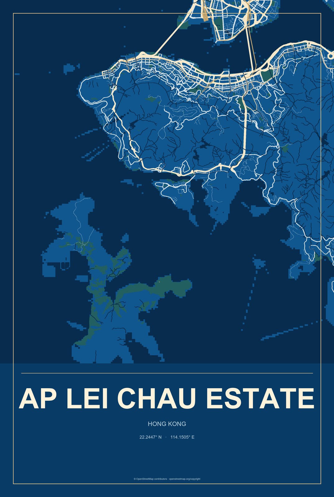 Ap Lei Chau Estate, Hong Kong City Map Aluminum Sign in Harbor Cobalt style
