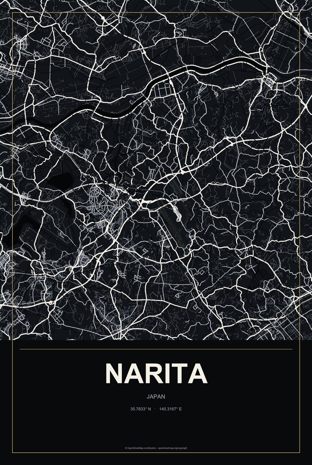 Narita, Japan City Map Aluminum Sign in Metropolitan Noir style