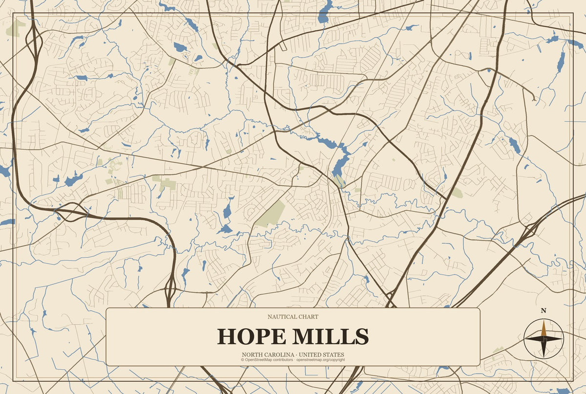 Hope Mills, North Carolina City Map Aluminum Sign in Heritage Nautical style