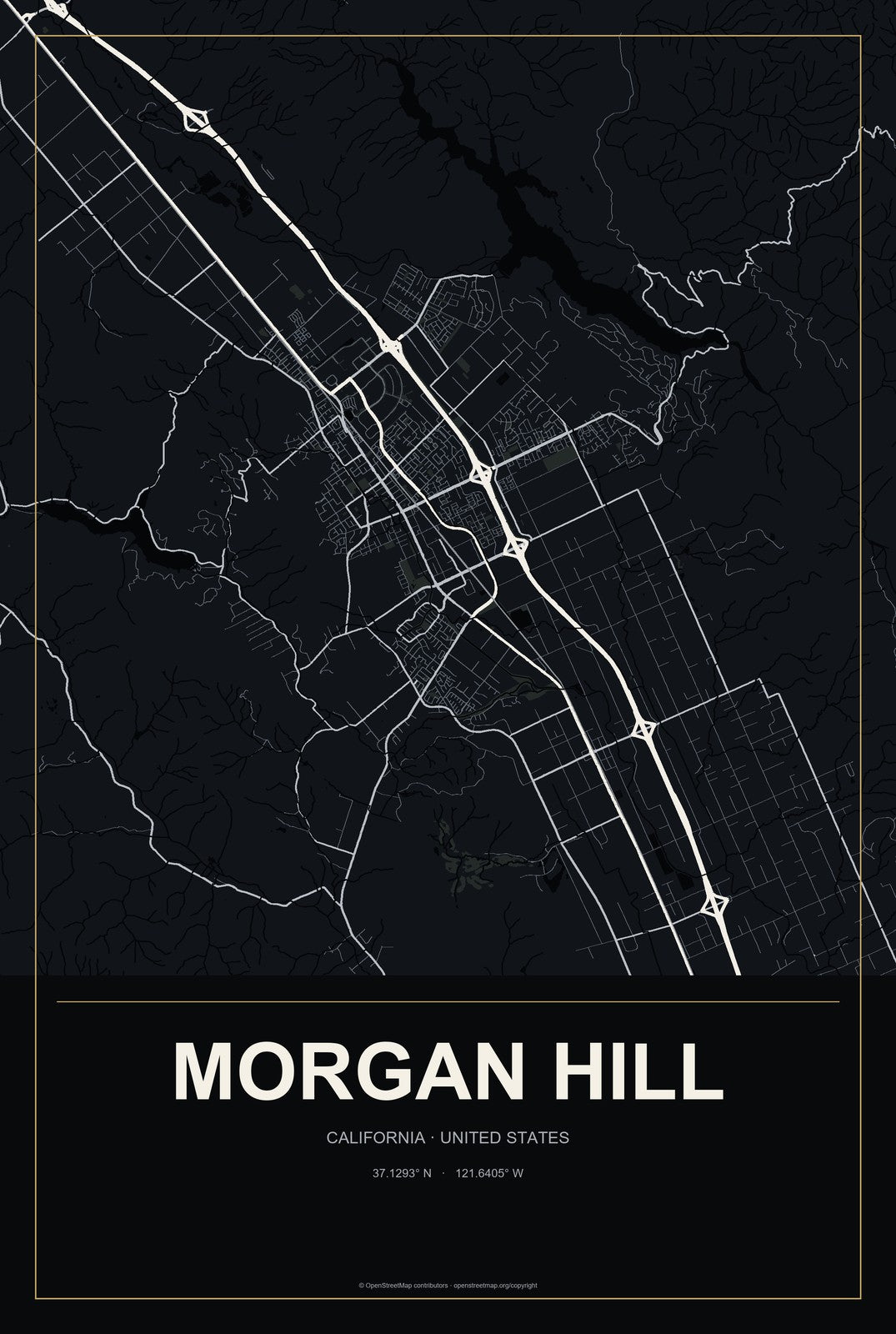 Morgan Hill, California City Map Aluminum Sign in Metropolitan Noir style