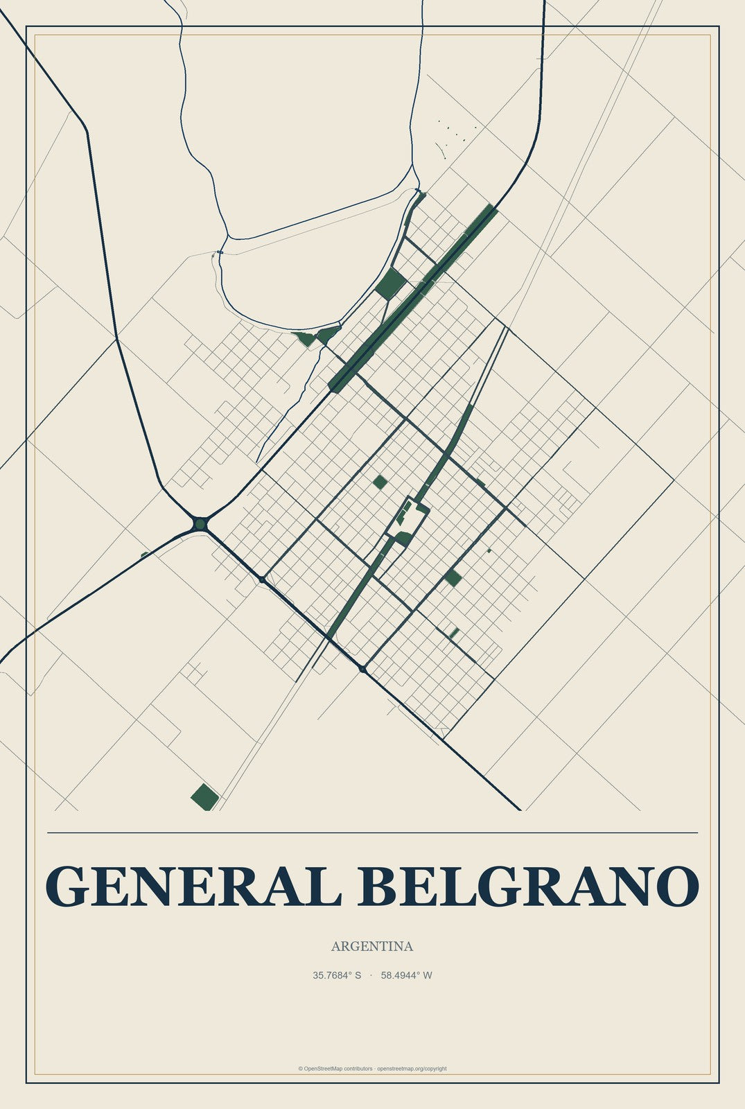 General Belgrano, Argentina City Map Aluminum Sign in Coastal Cutout style