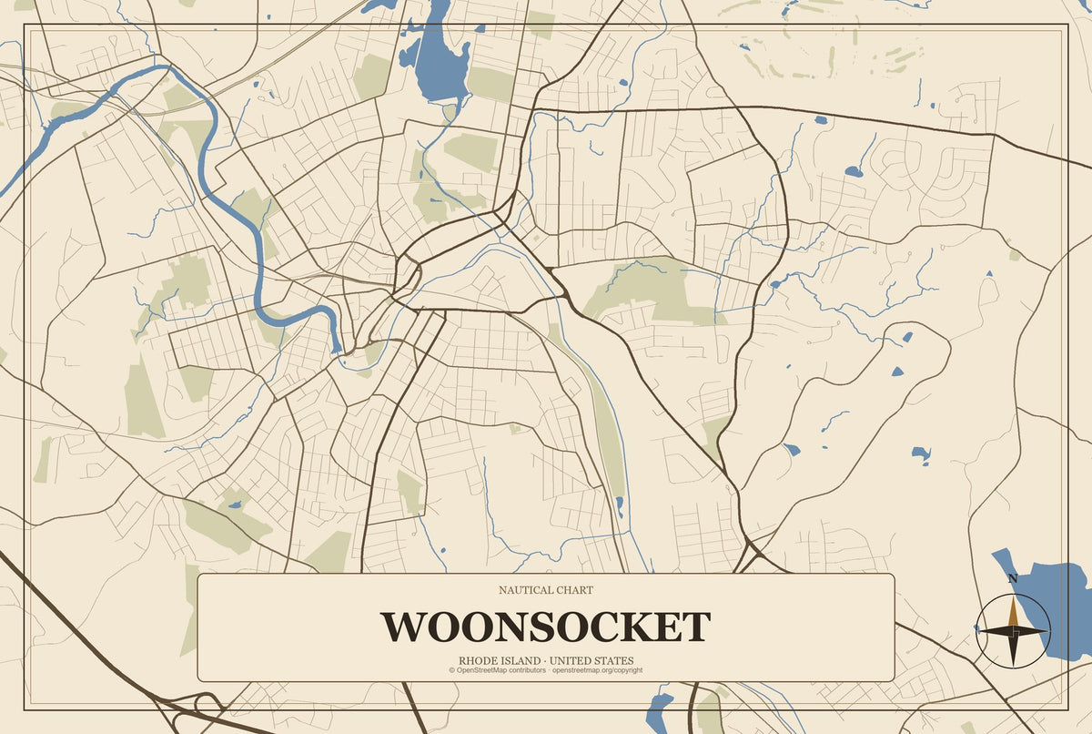 Woonsocket, Rhode Island City Map Aluminum Sign in Heritage Nautical style