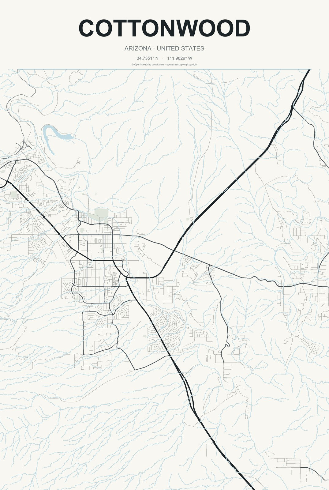 Cottonwood, Arizona City Map Aluminum Sign in Headline Atlas style