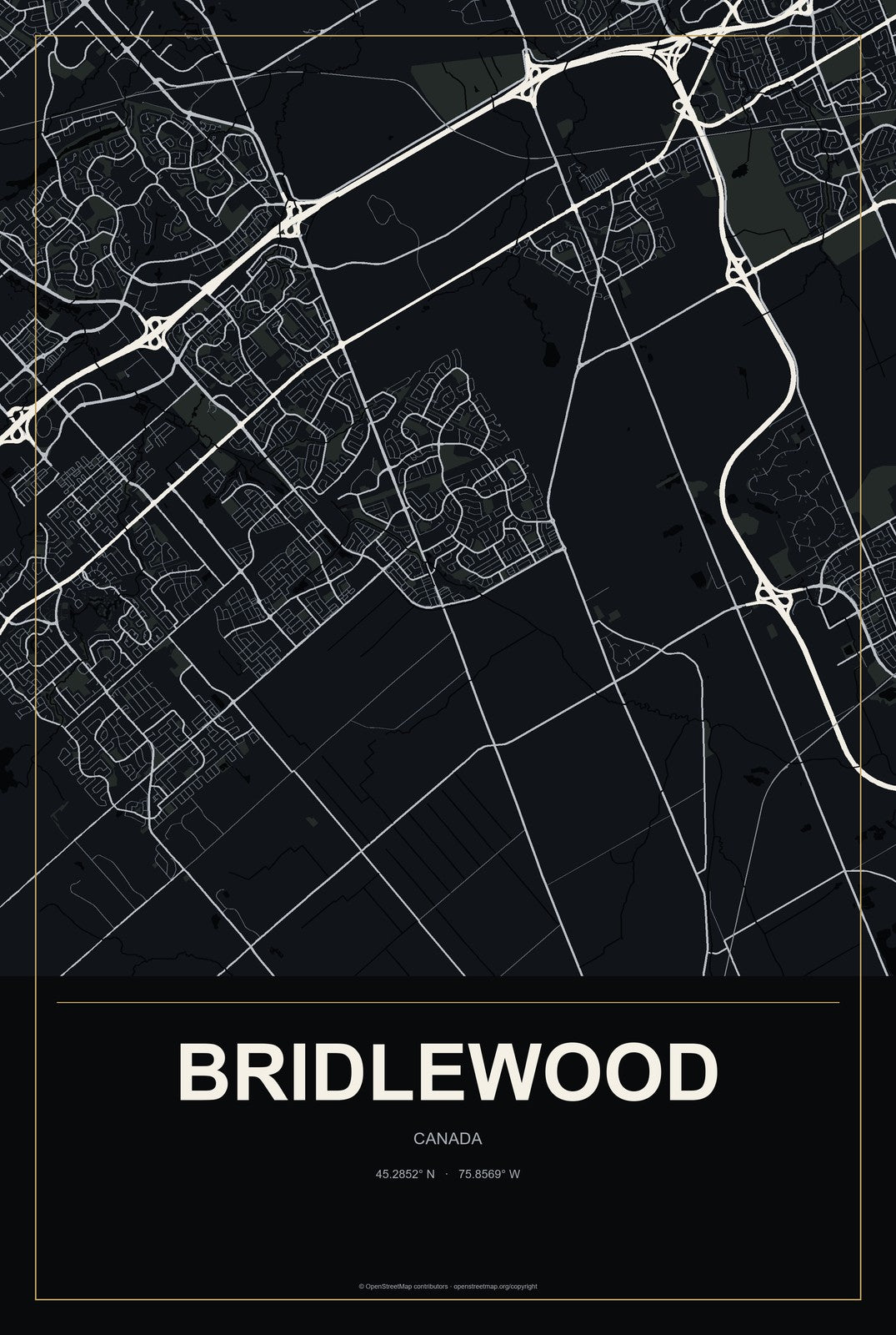 Bridlewood, Canada City Map Aluminum Sign in Metropolitan Noir style