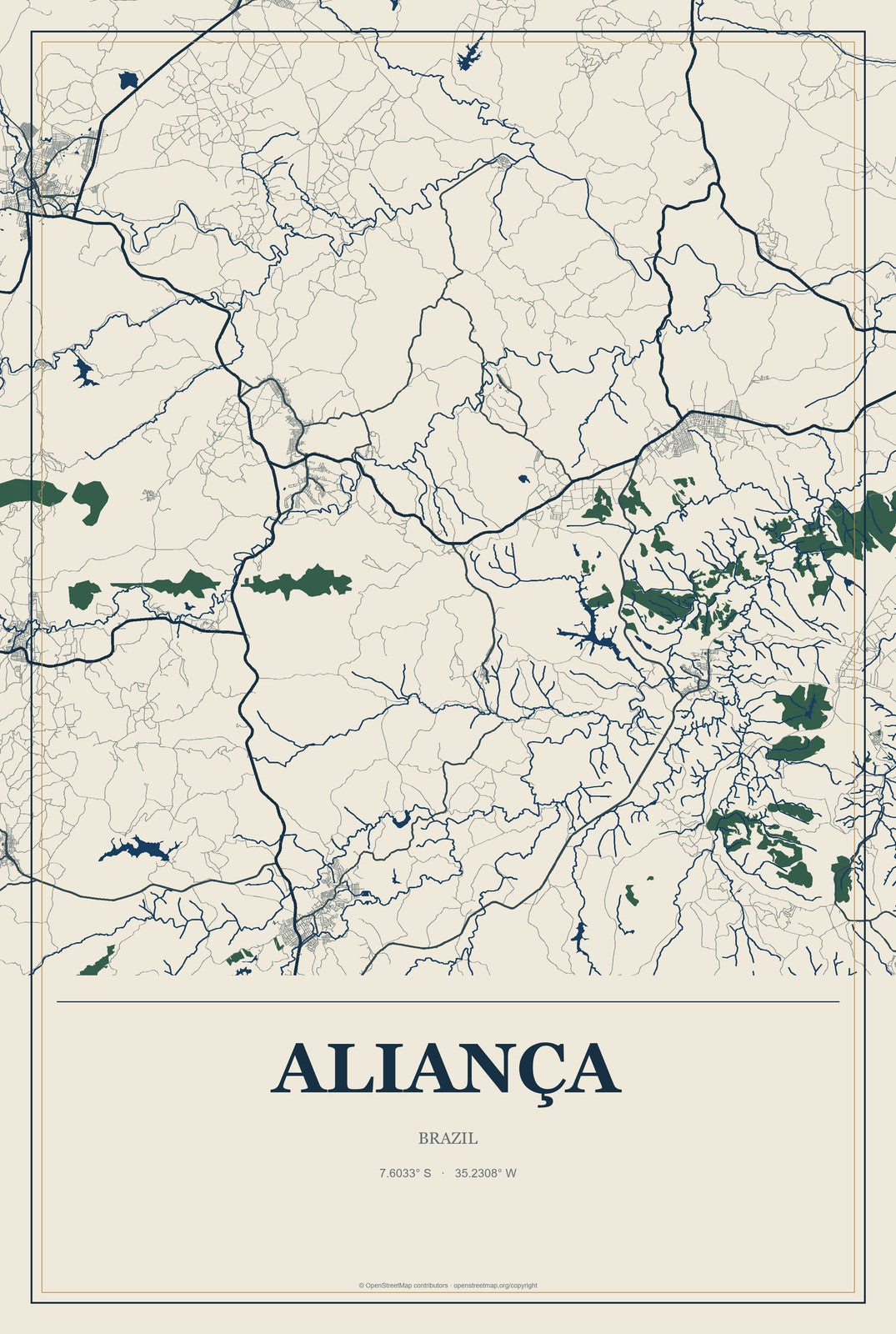 Aliança, Brazil City Map Aluminum Sign in Coastal Cutout style