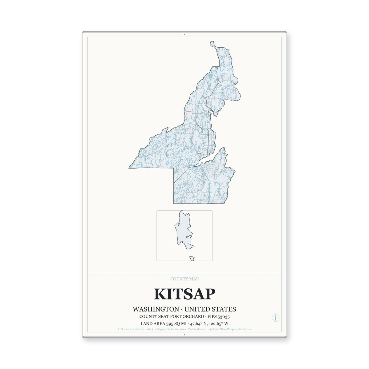 Kitsap County, Washington Map Aluminum Sign in Gallery Air style