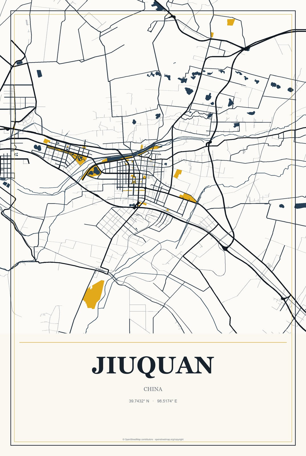 Jiuquan, China City Map Aluminum Sign in Citrine Modern style