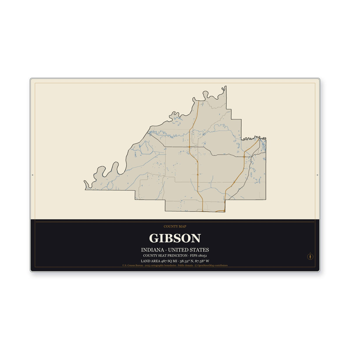 Gibson County, Indiana Map Aluminum Sign in Museum Plaque style