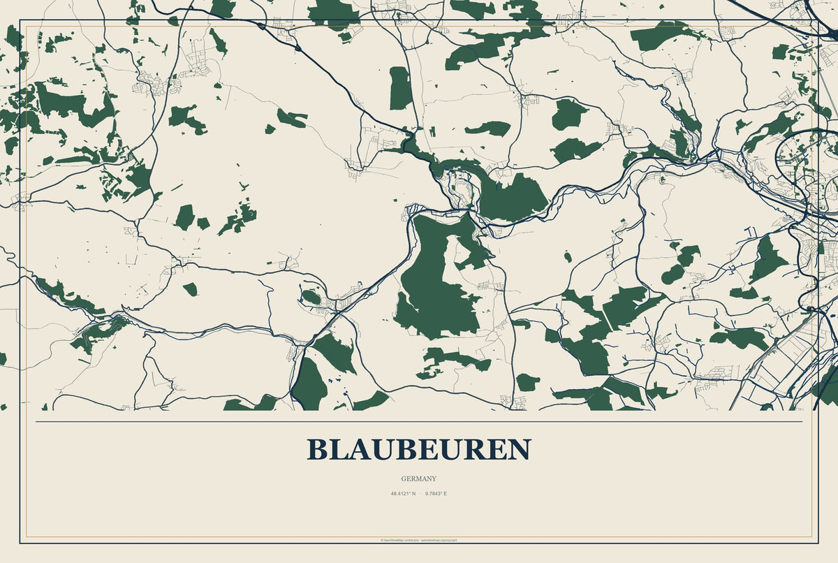 Blaubeuren, Germany City Map Aluminum Sign in Coastal Cutout style