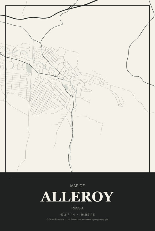 Alleroy, Russia City Map Aluminum Sign in Museum Plaque style