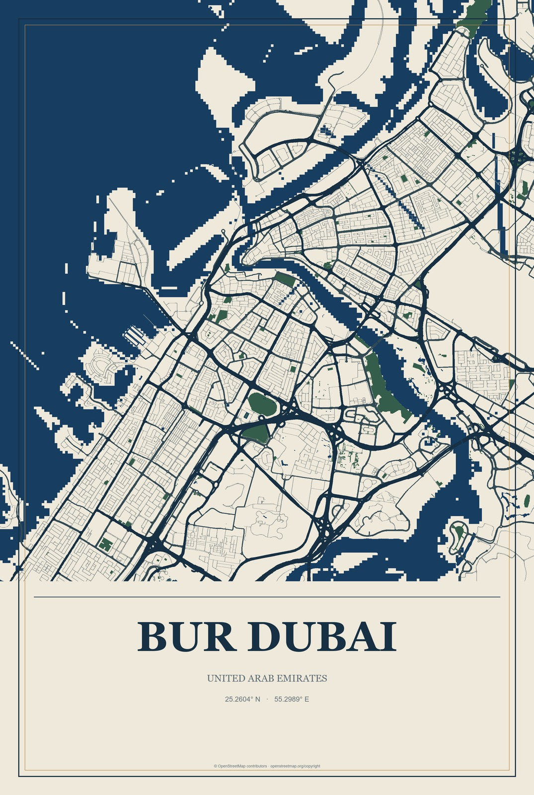 Bur Dubai, United Arab Emirates City Map Aluminum Sign in Coastal Cutout style