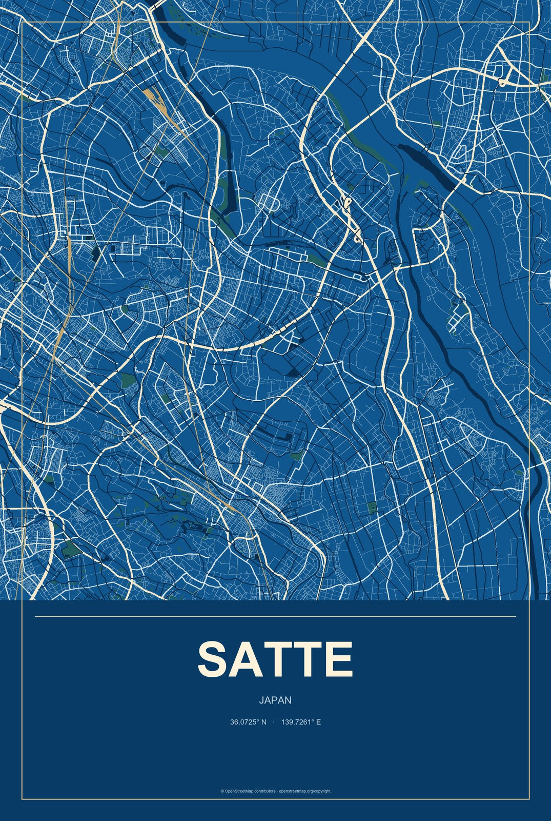 Satte, Japan City Map Aluminum Sign in Harbor Cobalt style