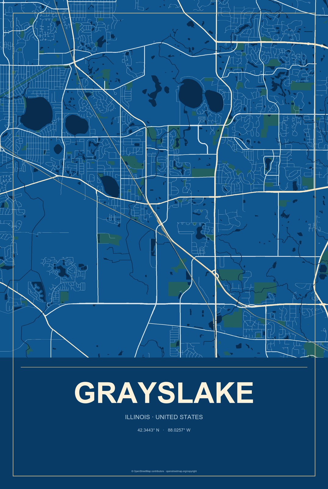 Grayslake, Illinois City Map Aluminum Sign in Harbor Cobalt style