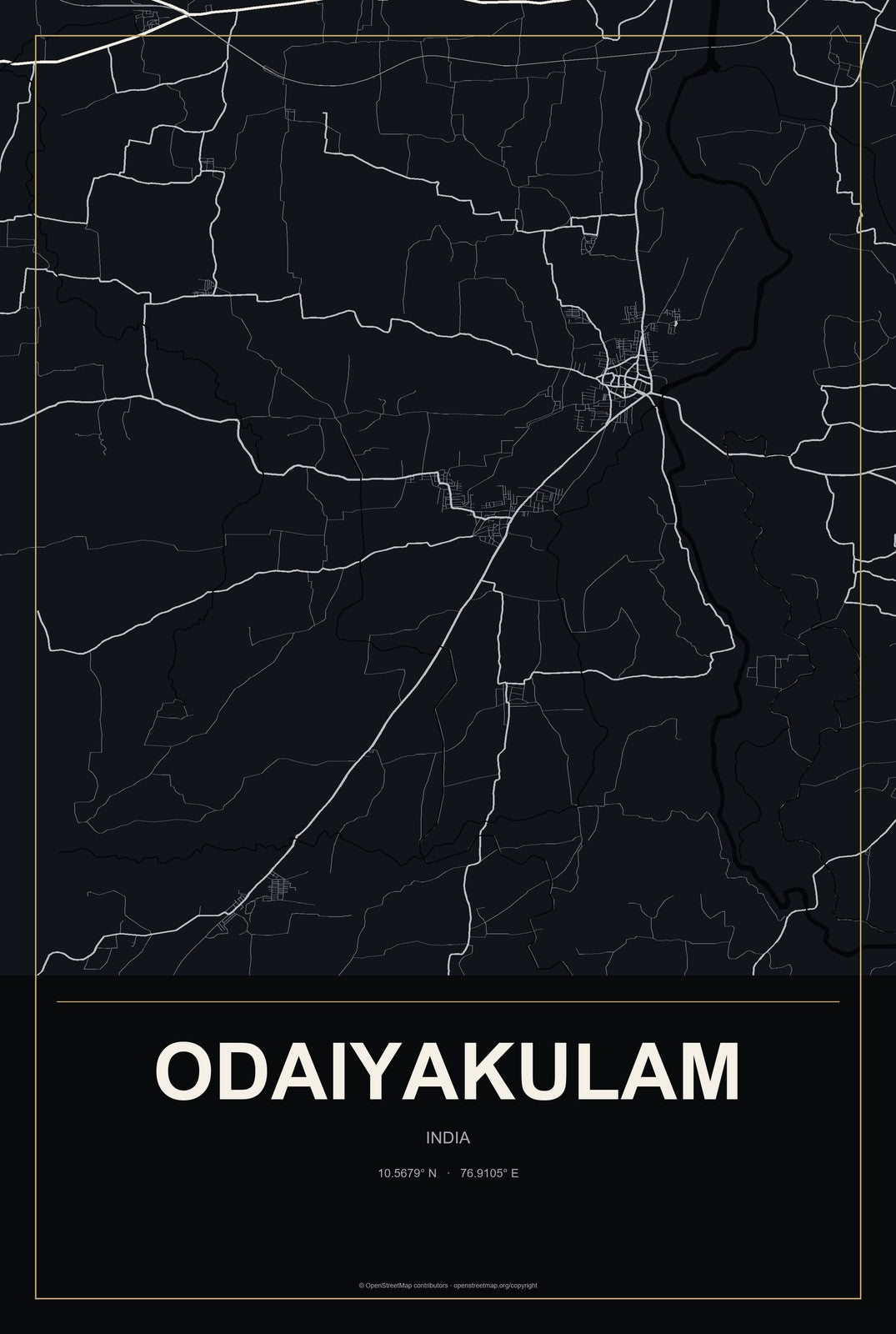 Odaiyakulam, India City Map Aluminum Sign in Metropolitan Noir style