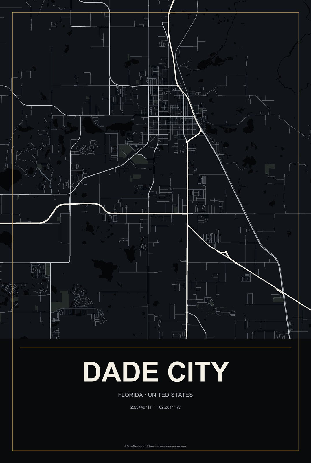 Dade City, Florida City Map Aluminum Sign in Metropolitan Noir style