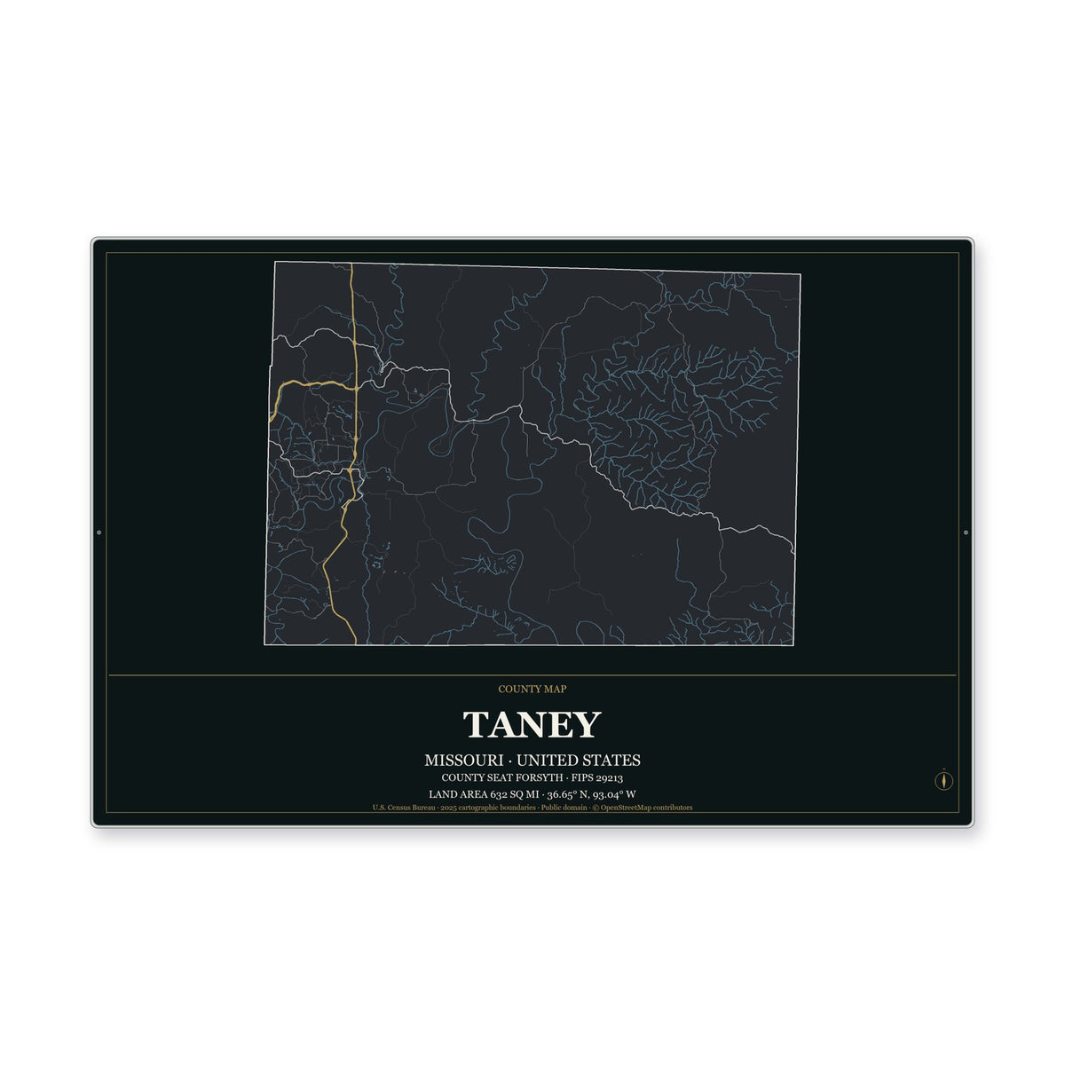 Taney County, Missouri Map Aluminum Sign in Metropolitan Noir style