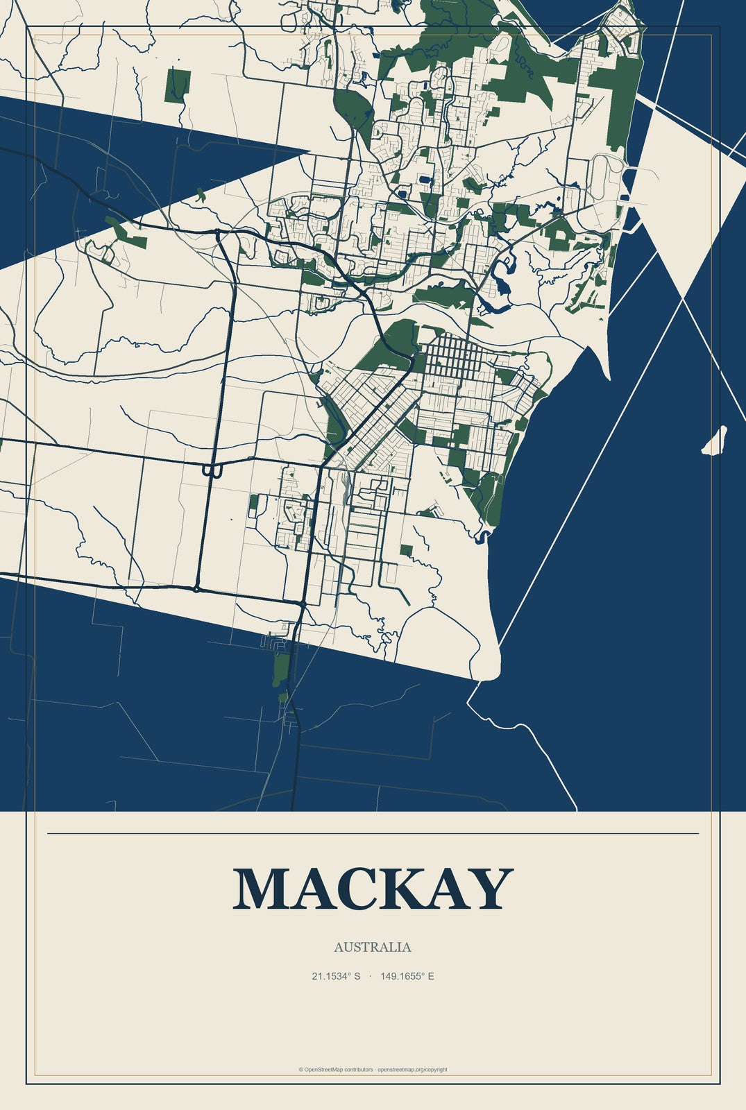 Mackay, Australia City Map Aluminum Sign in Coastal Cutout style