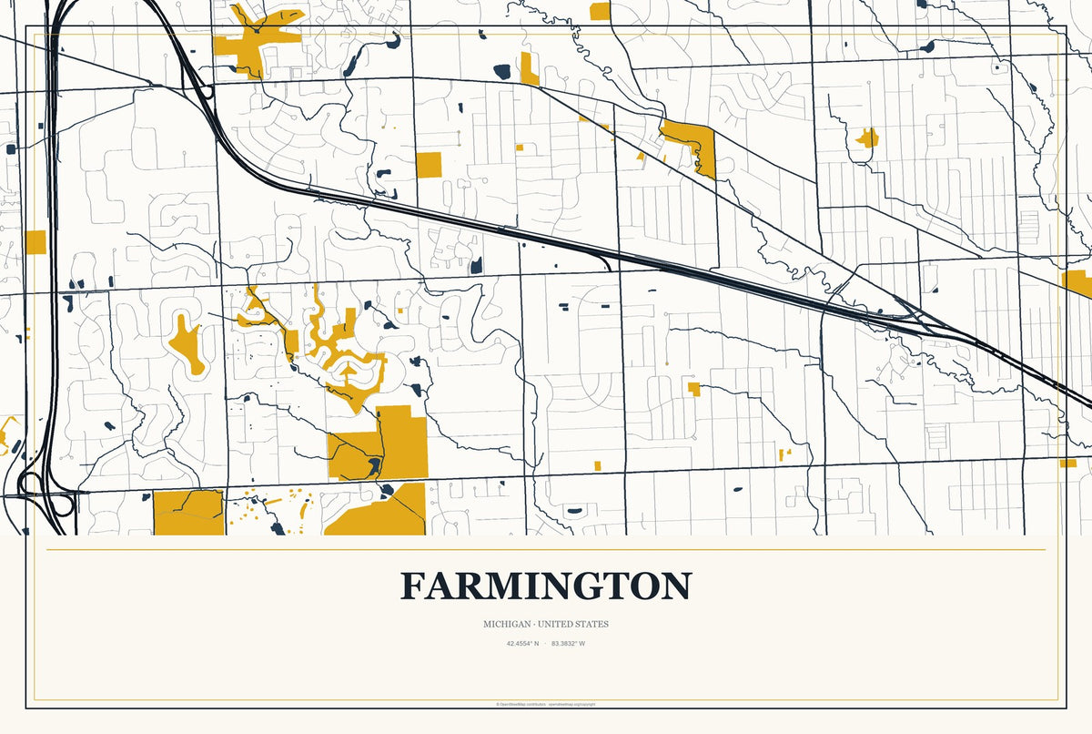 Farmington, Michigan City Map Aluminum Sign in Citrine Modern style