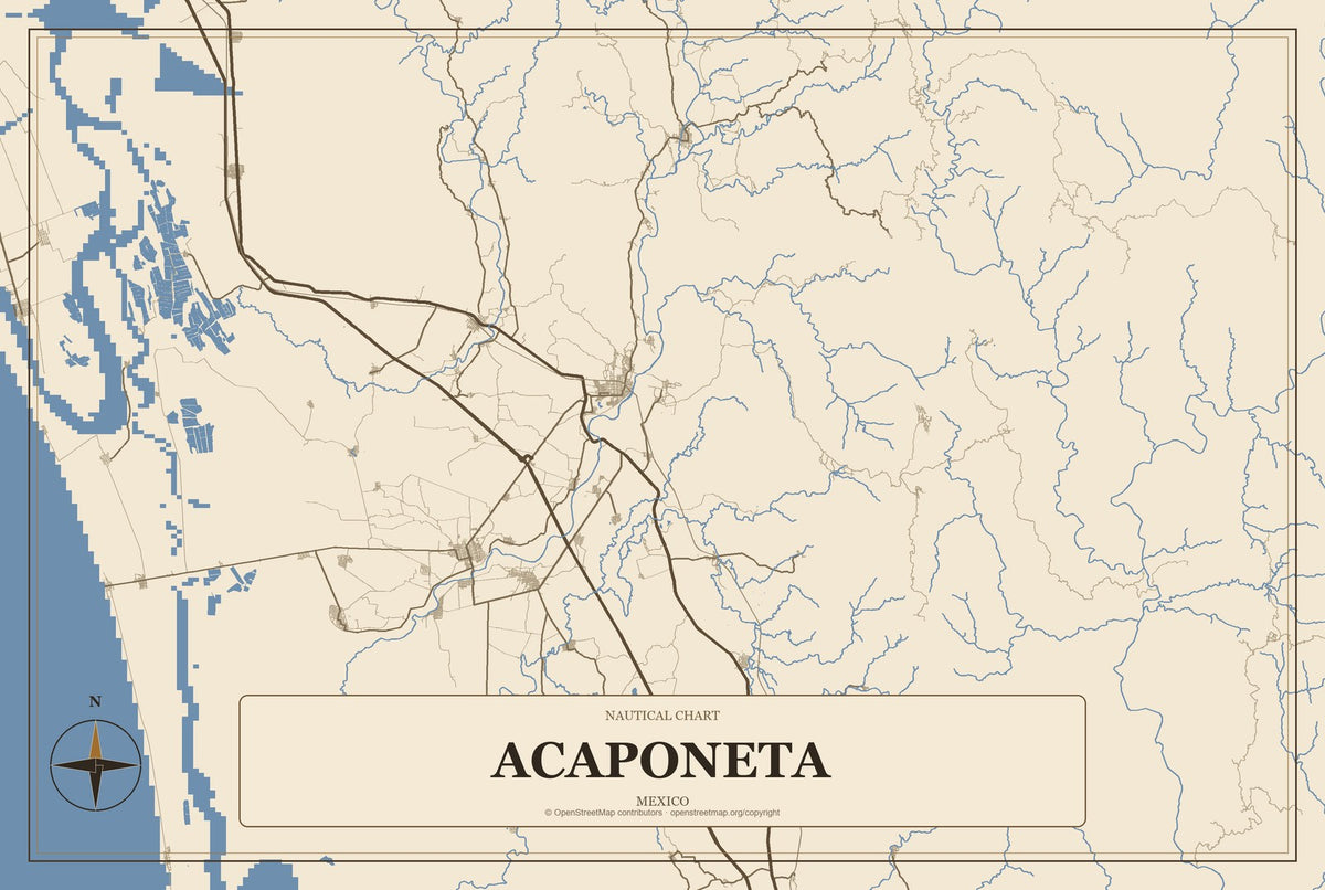 Acaponeta, Mexico City Map Aluminum Sign in Heritage Nautical style