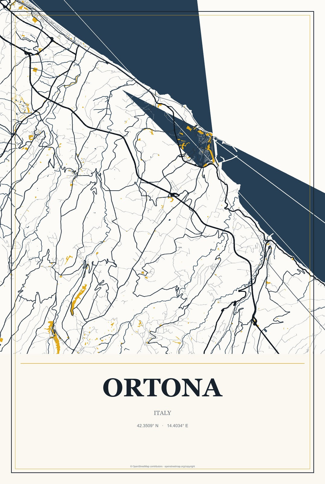 Ortona, Italy City Map Aluminum Sign in Citrine Modern style
