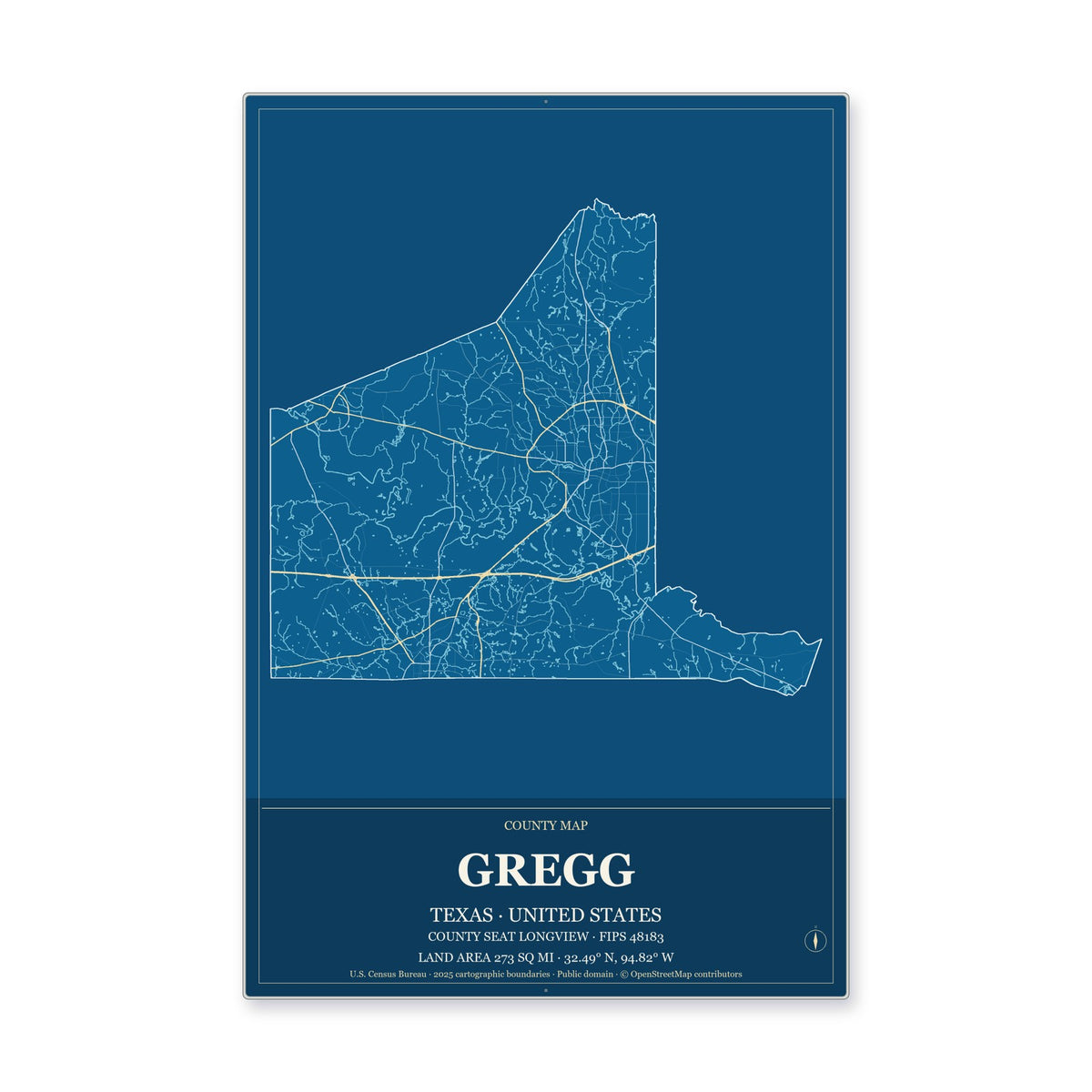Gregg County, Texas Map Aluminum Sign in Harbor Cobalt style