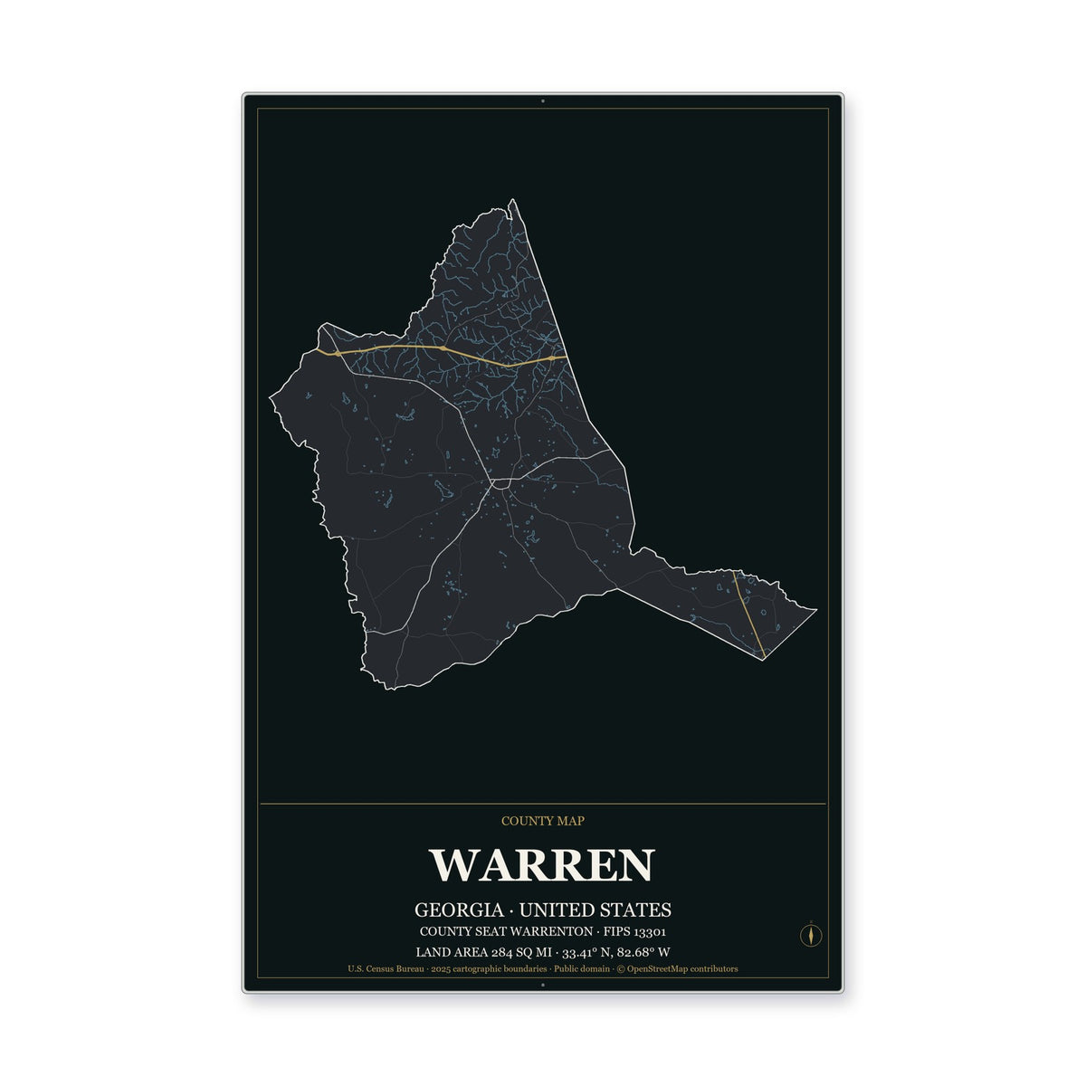 Warren County, Georgia Map Aluminum Sign in Metropolitan Noir style