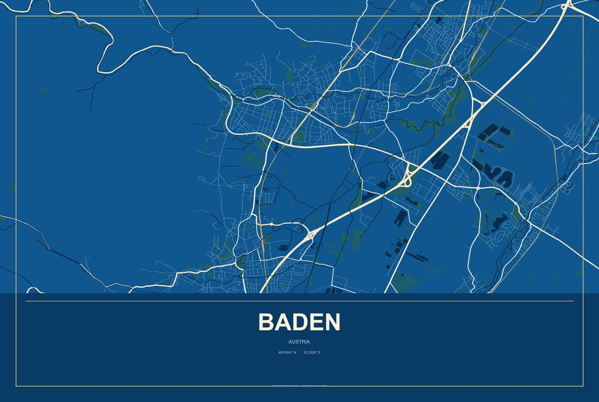 Baden, Austria City Map Aluminum Sign in Harbor Cobalt style