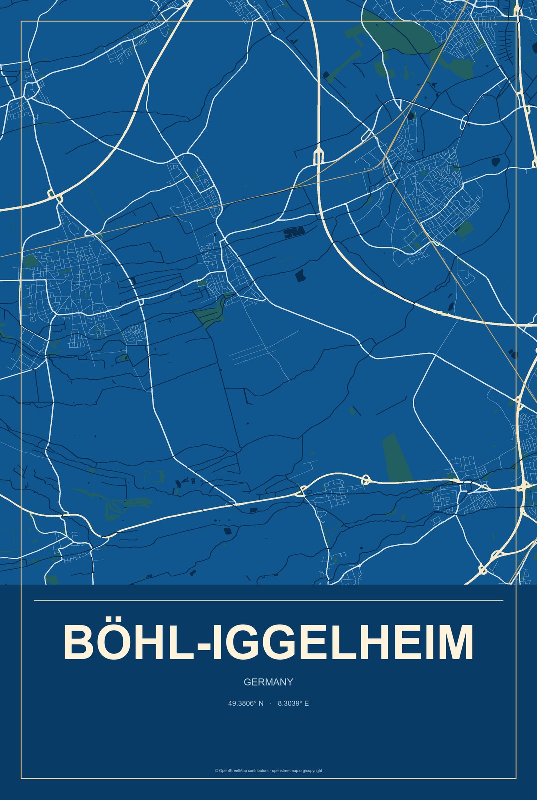 Böhl-Iggelheim, Germany City Map Aluminum Sign in Harbor Cobalt style