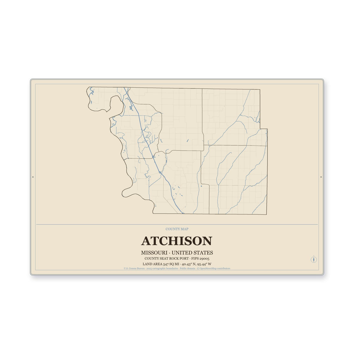 Atchison County, Missouri Map Aluminum Sign in Heritage Nautical style