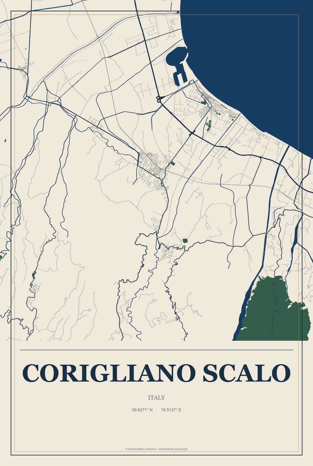 Corigliano Scalo, Italy City Map Aluminum Sign in Coastal Cutout style