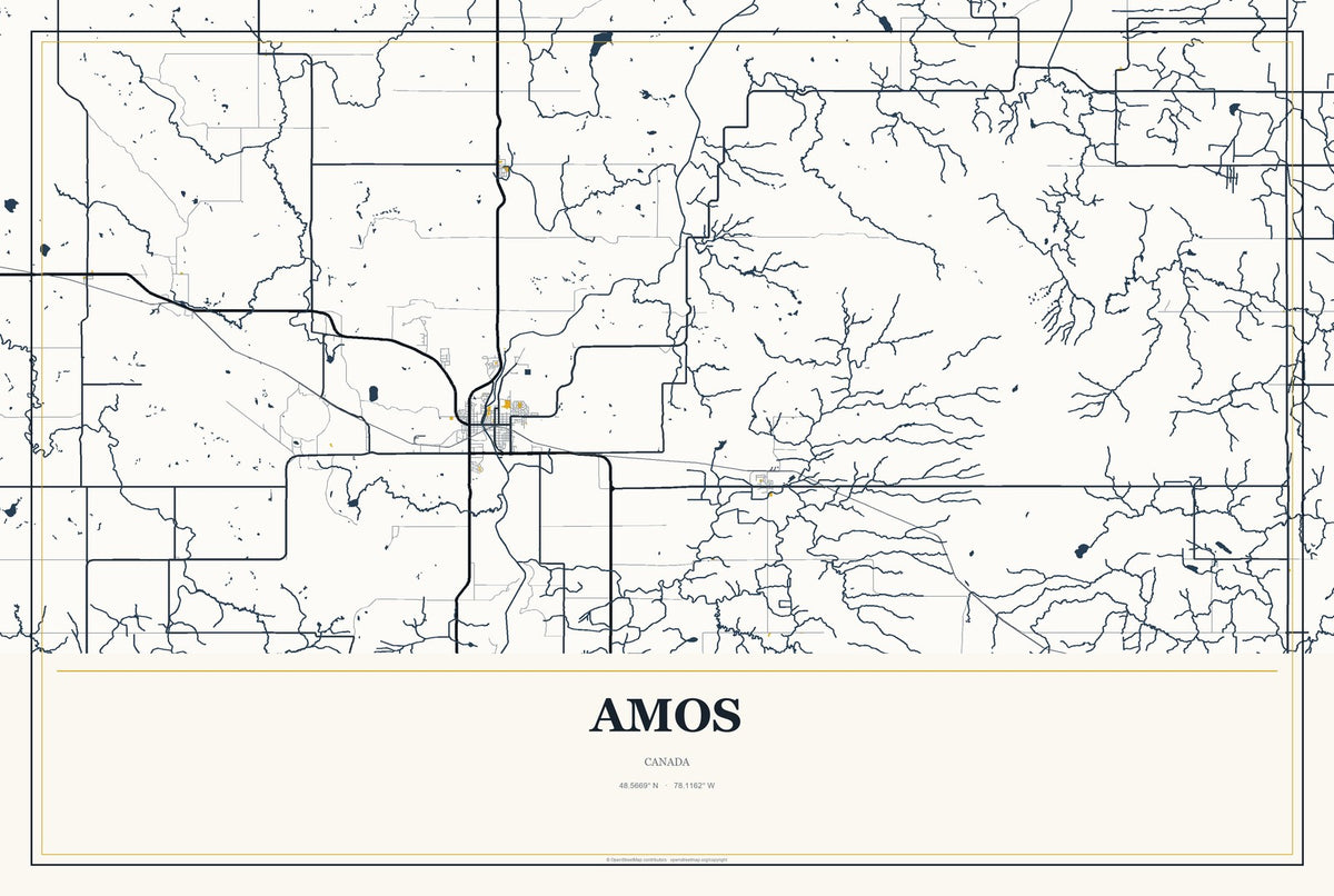 Amos, Canada City Map Aluminum Sign in Citrine Modern style