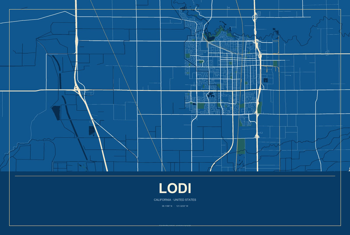Lodi, California City Map Aluminum Sign in Harbor Cobalt style