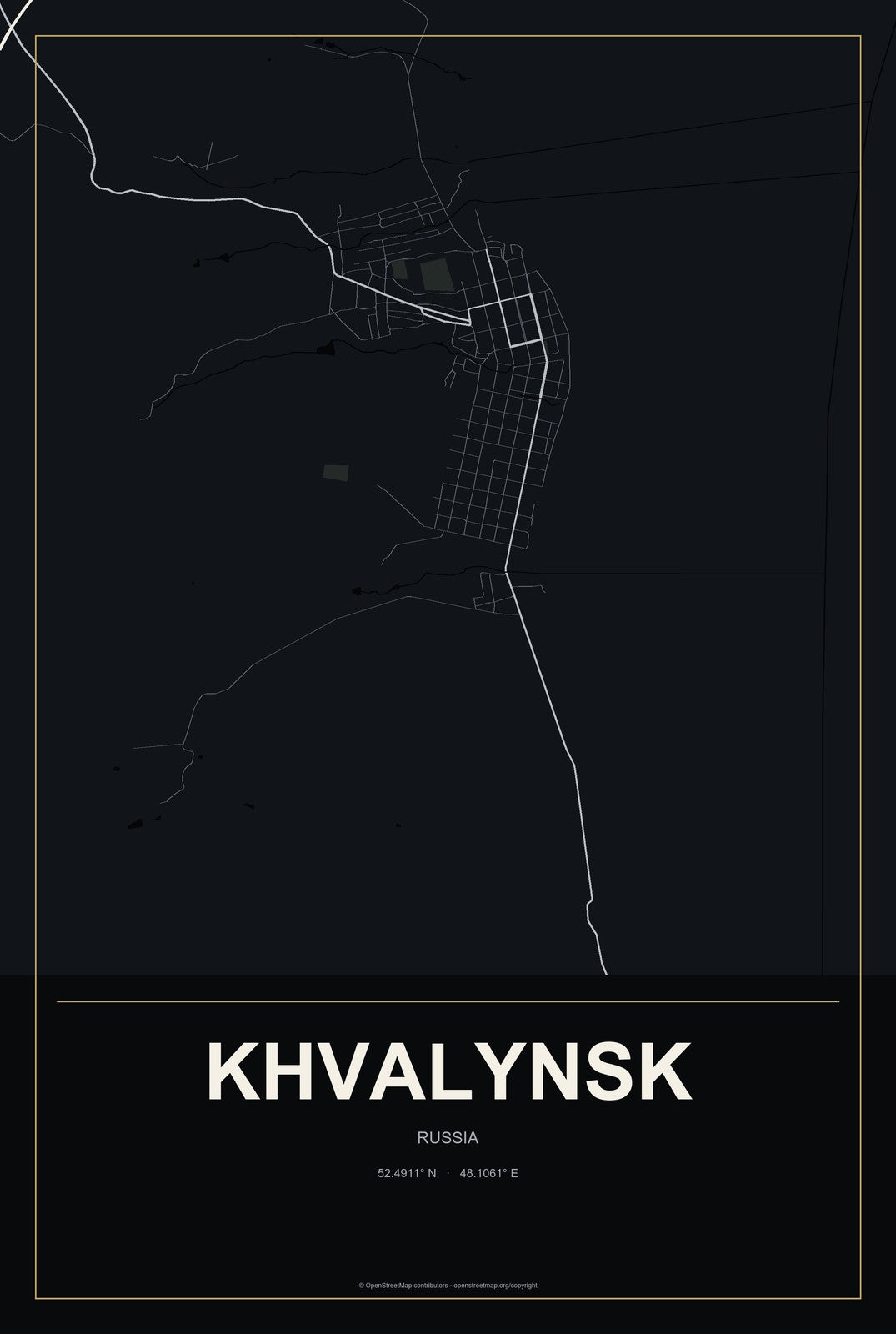 Khvalynsk, Russia City Map Aluminum Sign in Metropolitan Noir style