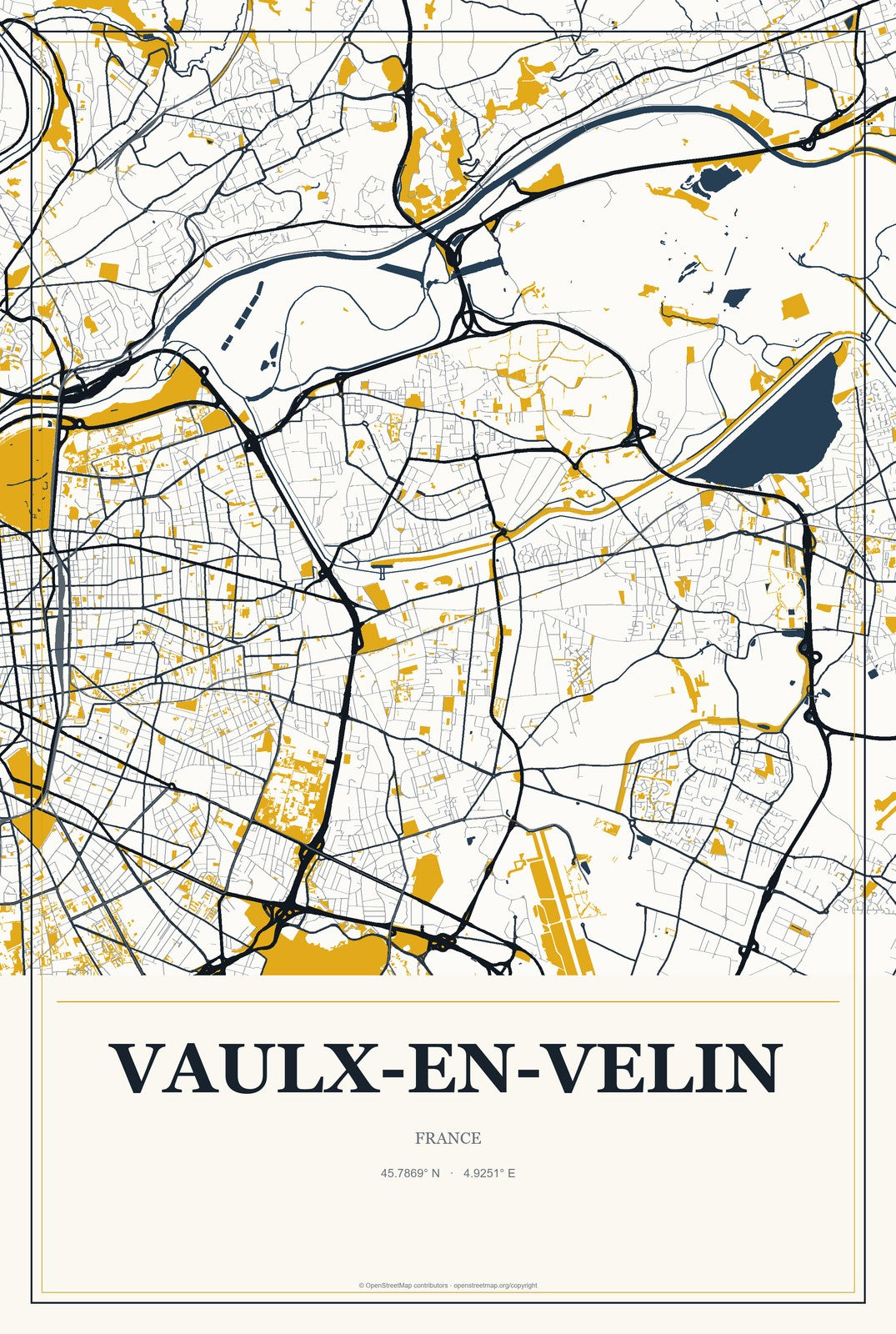 Vaulx-en-Velin, France City Map Aluminum Sign in Citrine Modern style