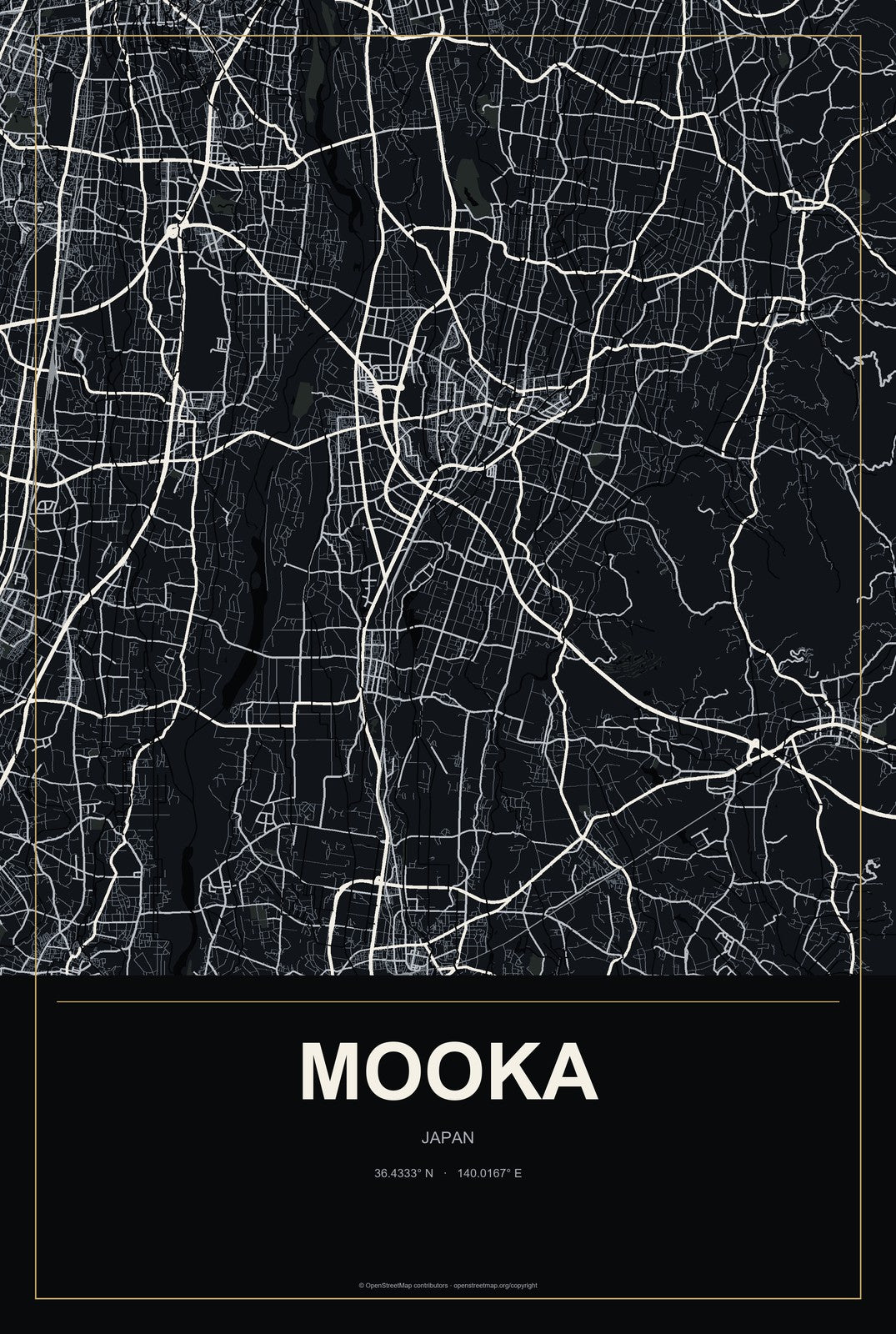 Mooka, Japan City Map Aluminum Sign in Metropolitan Noir style