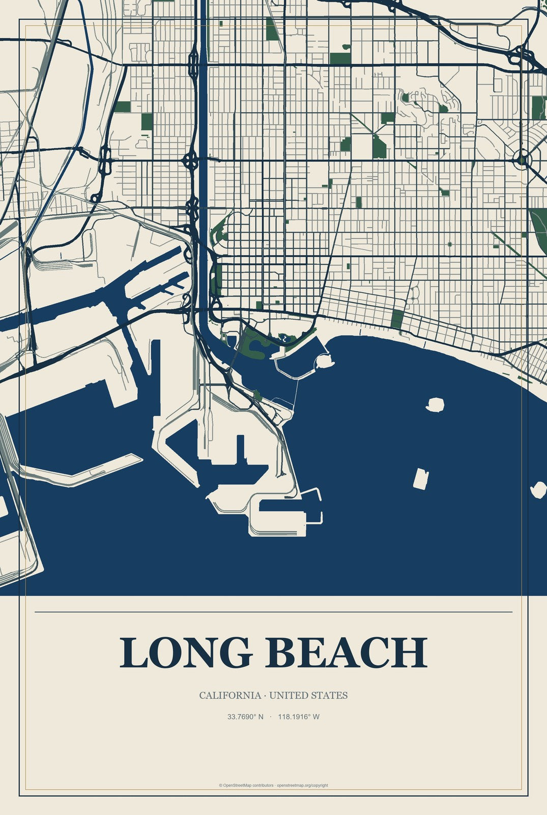 Long Beach, California City Map Aluminum Sign in Coastal Cutout style