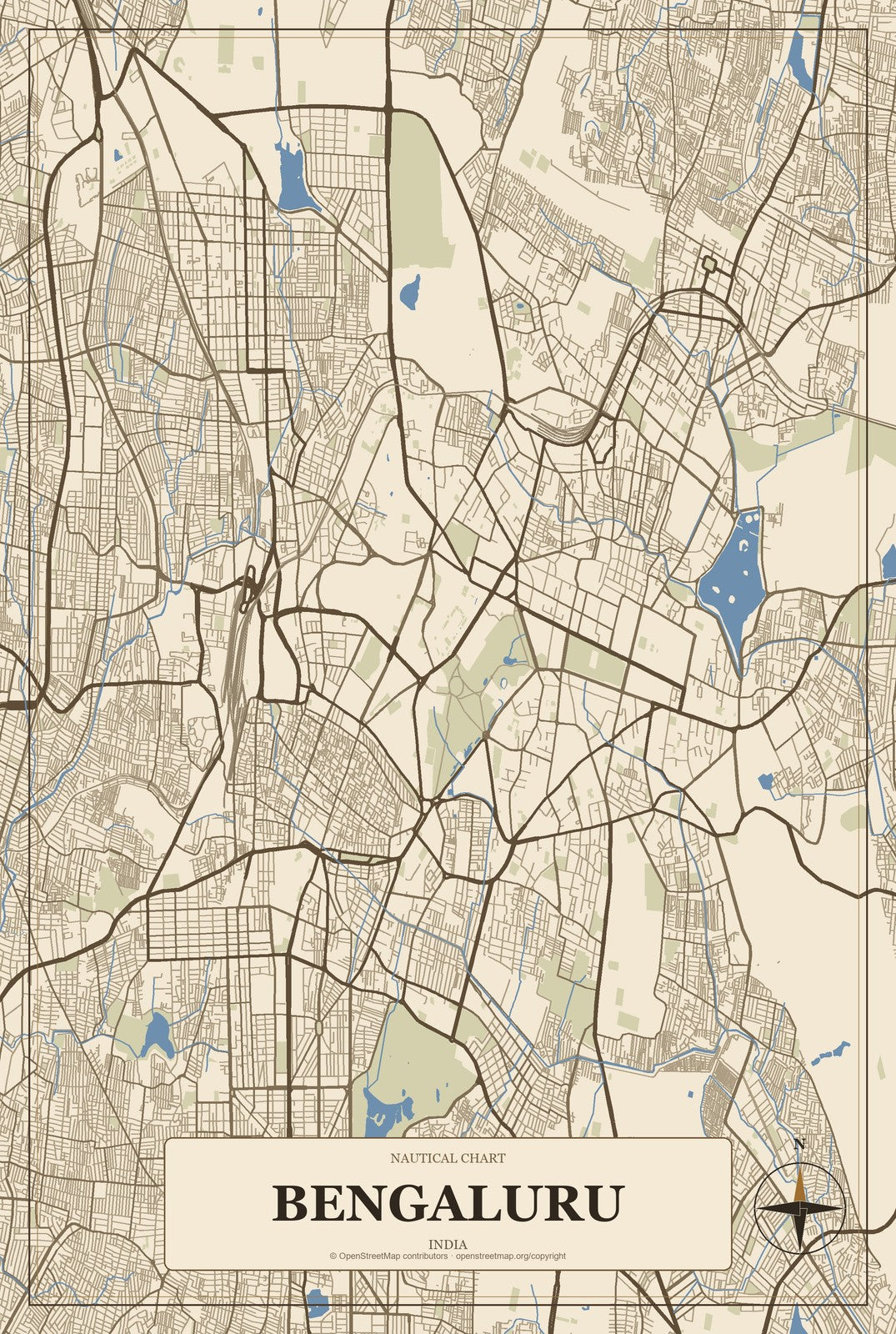 Bengaluru, India City Map Aluminum Sign in Heritage Nautical style